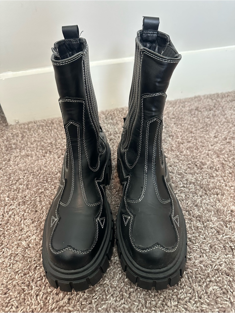Public Desire Black Chunky Chelsea Ankle Boots with White Stitching